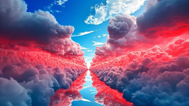 Fractal clouds blend blue and red hues in a breathtaking sky display, Blue and red fractal clouds