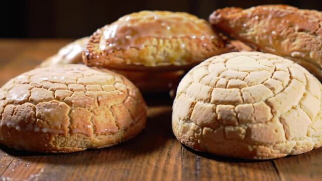 Golden Brown Pan Dulce Assortment Featuring Conchas and Empanadas on Rustic Wooden Table Ready to Serve as Festive Mexican Pastry Goodness