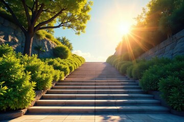 A long staircase ascends towards a bright, sunlit area , structure, shadow