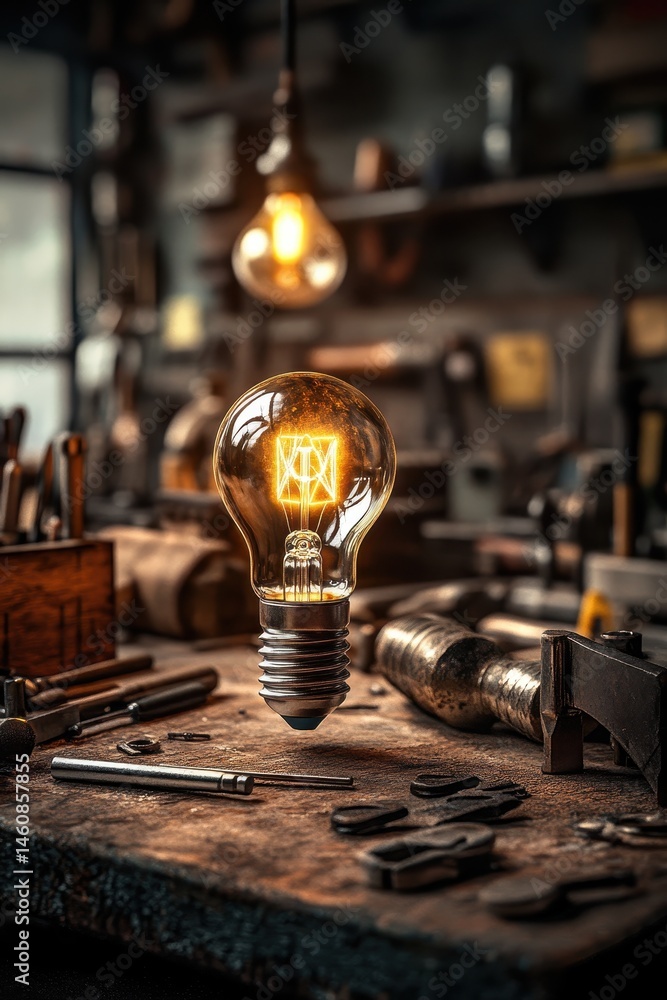 Aufkleber lightbulb shines bright idea on workbench in workshop close up shot with tools and materials in back