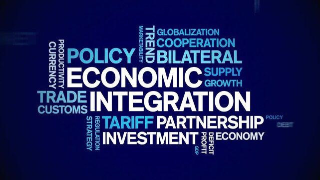 Economic integration animated word cloud;text design animation tag kinetic typography seamless loop.