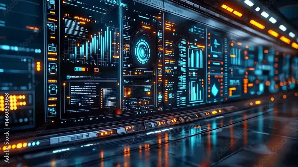 Poster futuristic digital interface featuring glowing screens that showcase vibrant data and technology in 