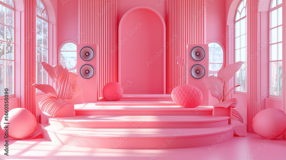 Poster an aesthetic 4k side view of a pink 3d background showcasing sound elements with realistic architect