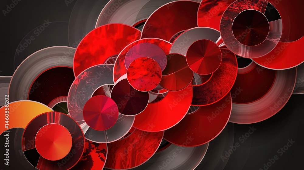 Poster dynamic overlapping red and grey circles abstract digital art
