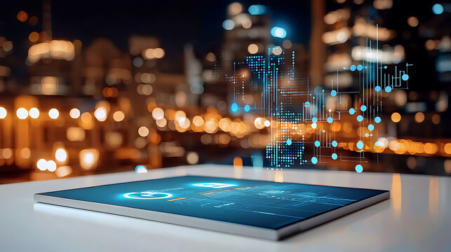 Exploring digital innovation technology insights in urban environments at night data visualization aerial view