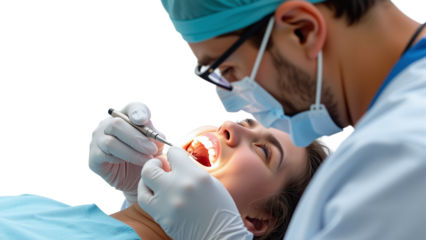 Orthodontist with smiling patient, Dental braces adjustment session, Studio portrait with white background, Showcasing orthodontic care and patient satisfaction