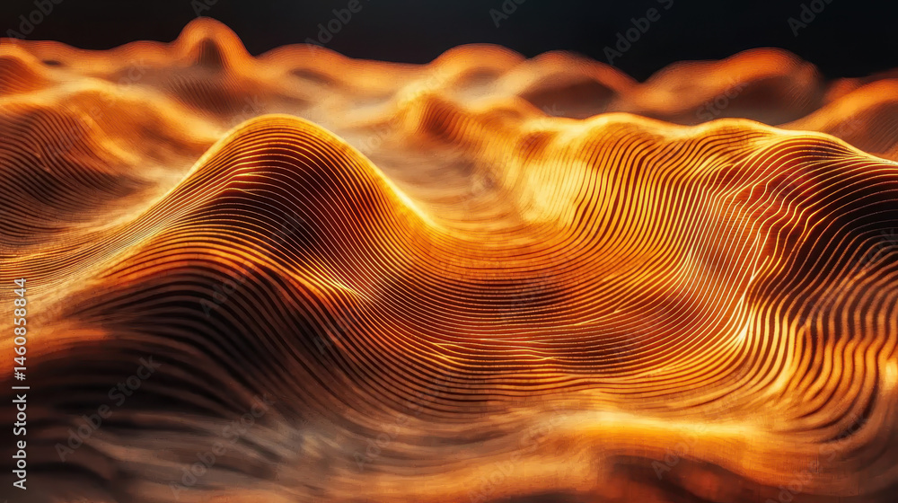 Poster a realistic 4k side angle 3d background depicts dynamic sound curves in a warm, inviting color palet