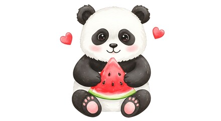 Naklejka premium Sweet Summer Panda: Watercolor Delight of Juicy Watermelon and Love AI Generated