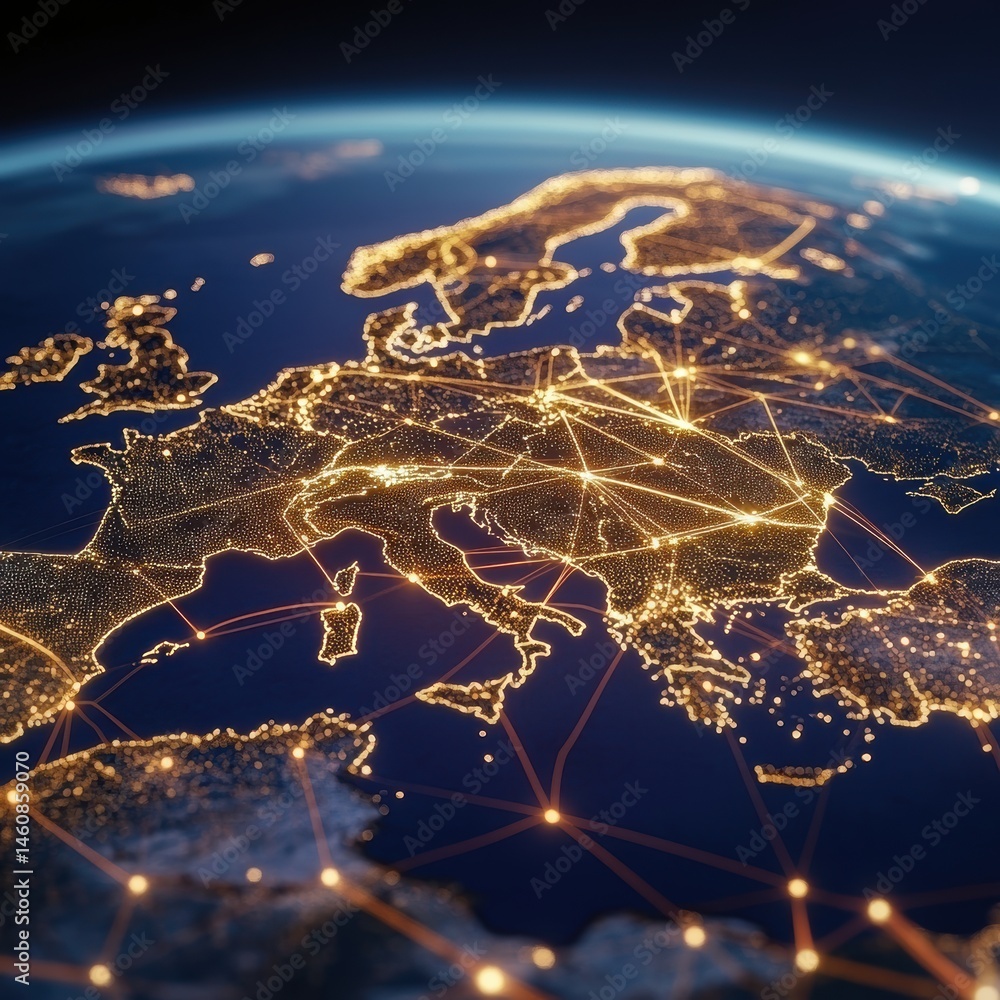 Poster europe illuminated network connections from space perspective global data communication technology