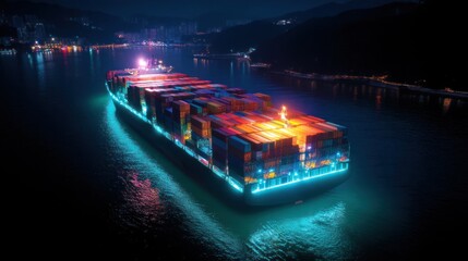 Fototapeta premium Illuminated Cargo Ship Approaching at Night Over Calm Waters