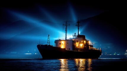 Fototapeta premium Illuminated Cargo Ship Approaching Shore at Night with Dramatic Lights