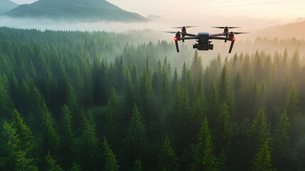 Fototapeta premium A drone soaring over a lush green forest at sunset, capturing breathtaking aerial views.