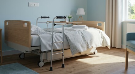 Hospital bed with assistive tools in room