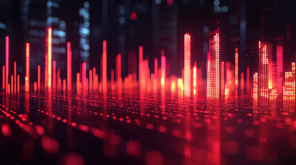 A realistic 4K 3D background featu dynamic sound visualization with red spectrum bars creating a rhythmic cityscape in a stunning side angle perspective.