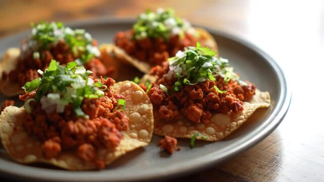 Tostadas De Tinga Garnished with Cilantro and Onions on a Gray Plate Resting Atop a Textured Wooden Table a Vibrant Display of Mexican Cuisine