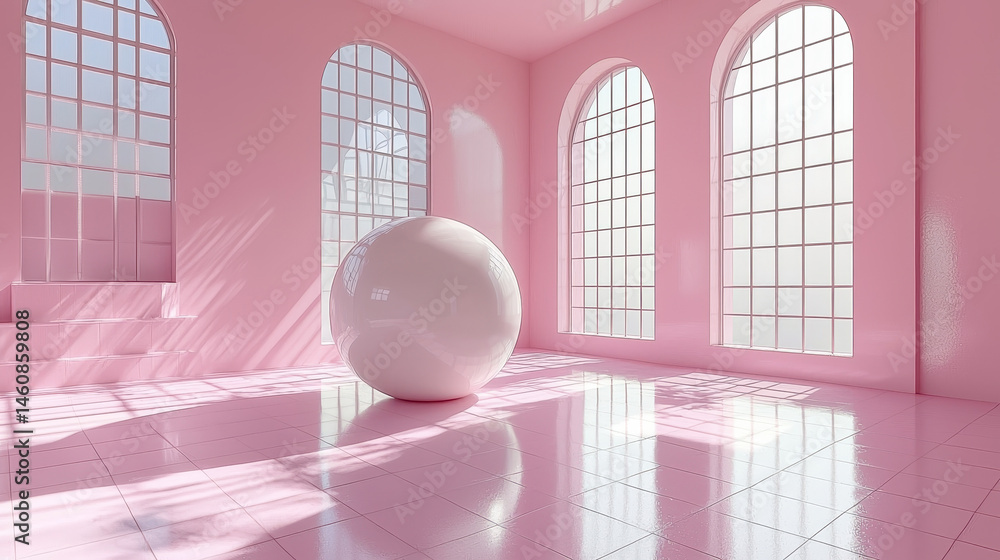 Poster a glossy pink sphere reflects dynamic sound waves in a realistic 4k 3d background, creating a visual