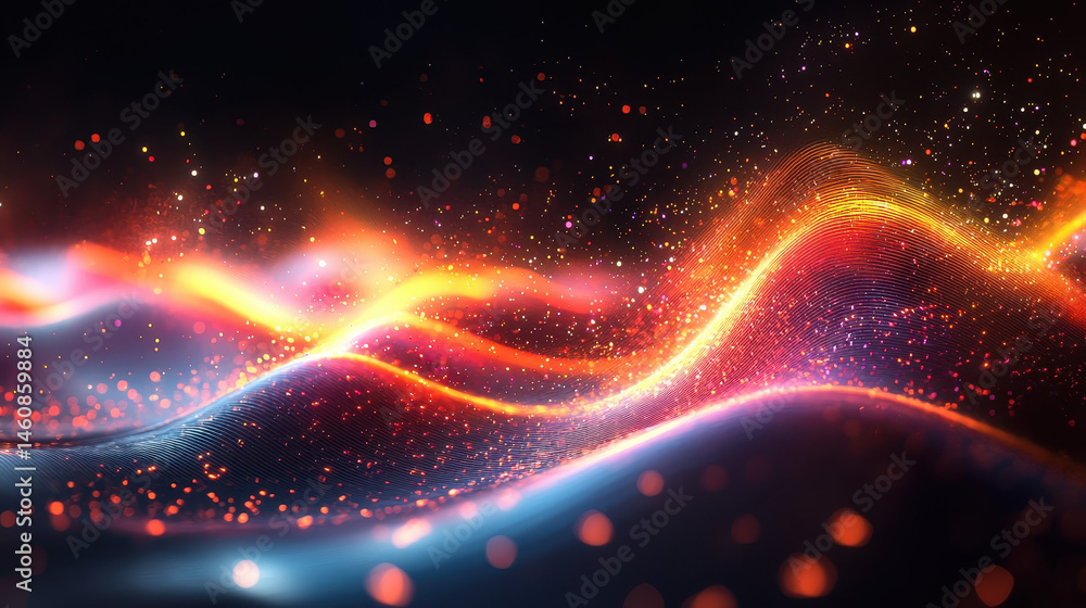 Poster a realistic 4k 3d sound dynamic background shows vibrant waves and particles from a side angle creat
