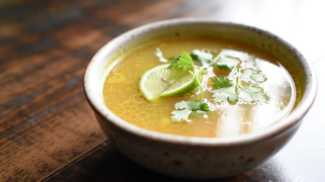 Authentic Sopa de Lima in Speckled Bowl with Fresh Lime and Cilantro on Rustic Wooden Table Delicious Mexican Cuisine