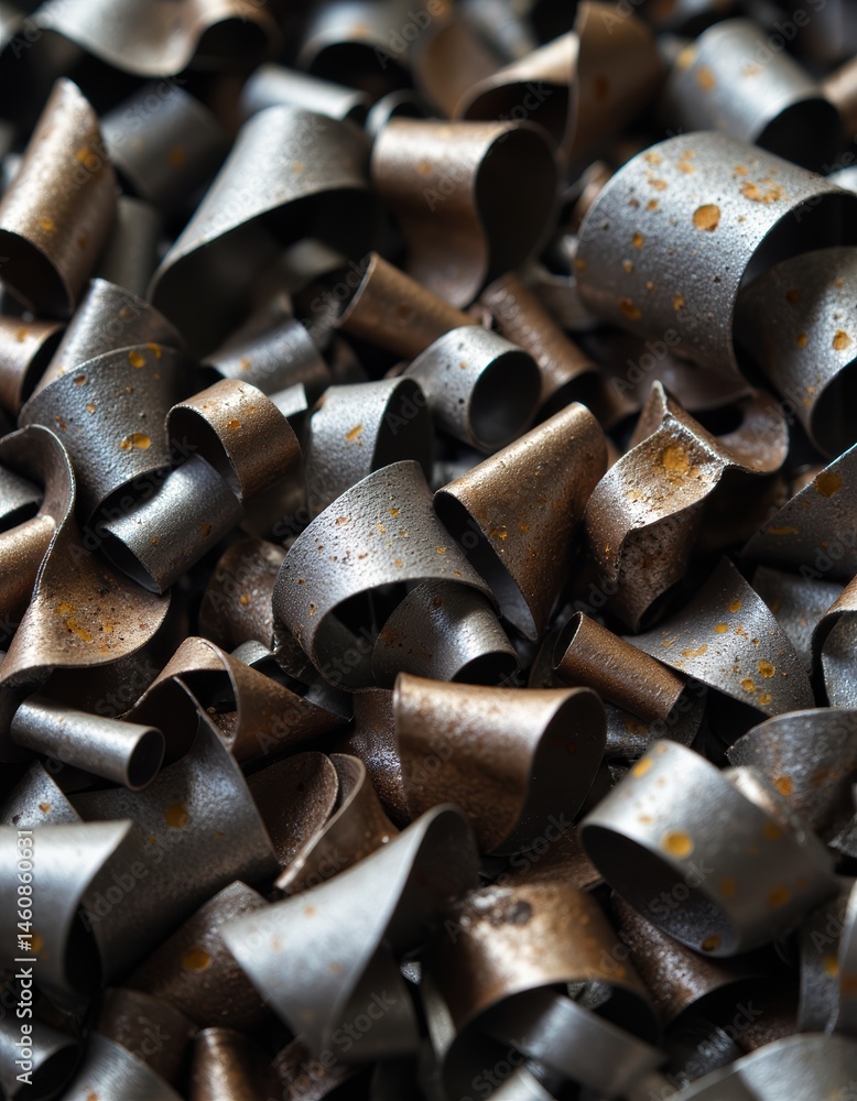 Poster close-up of metallic shavings showcasing intricate curls and textures