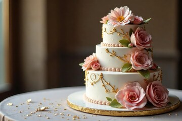 Elegant wedding cake with fresh flowers, gold accents, and intricate details , tiered, ceremony, layers