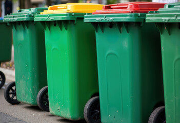 Colorful recycling bins lined up for waste management and environmental sustainability