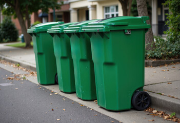 Four green trash bins lined up on a city street