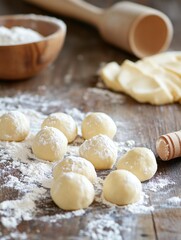 Fototapeta premium Dough balls preparation on wooden table top view close up baking process flour bowl butter rolling pin cooking at home