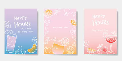 Summer doodle hand drawn poster background vector set. Colorful abstract wallpaper with cocktail, lemon, pineapple. Happy summertime illustration design for greeting card, drink menu, beverages.