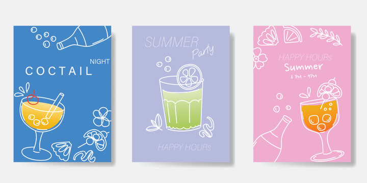 Summer doodle hand drawn poster background vector set. Colorful abstract wallpaper with cocktail, lemon, pineapple. Happy summertime illustration design for greeting card, drink menu, beverages.