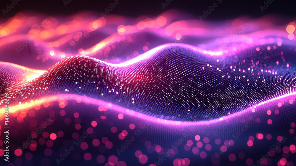 Poster abstract 3d waves of sparkling dots create an ambient background, a side angle view of a realistic a