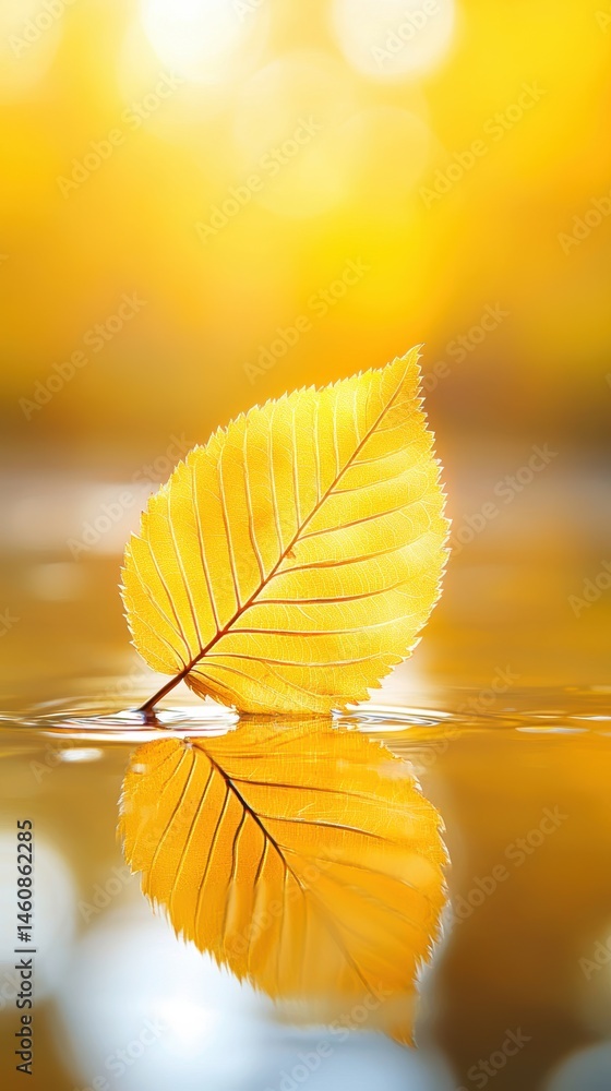 Poster autumn elm leaf floating on water surface with reflection golden light and bokeh background macro cl