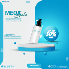 Realistic product sale podium background design vector. Cosmetics product ads design. Social media product sale advertisement cosmetic poster design with 3D rendered podium and blue gradient color. 