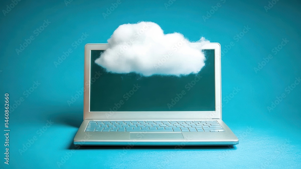 Aufkleber cloud computing concept laptop with fluffy cloud on screen front view on blue background studio shot