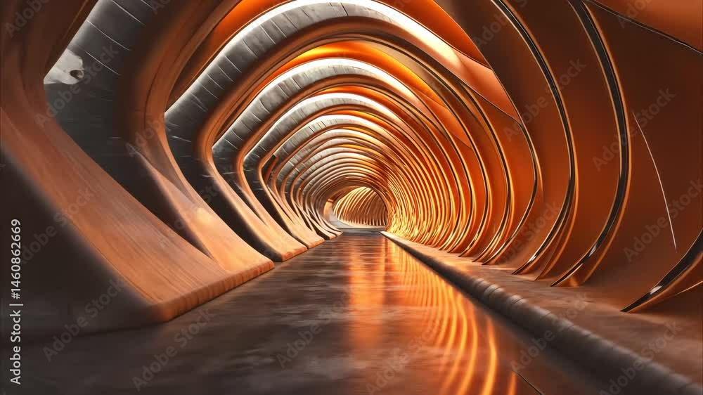 Poster flythrough of a futuristic tunnel designed with seamless curves and warm lighting effects in a digit