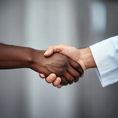 Close-up of doctor shaking hands with patient; diverse skin tones in medical setting; symbol of trust and partnership; studio shot