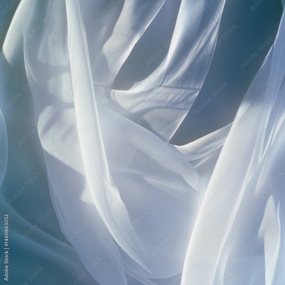 Poster abstract close-up of flowing white sheer fabric creating soft shadows and highlights in a studio set