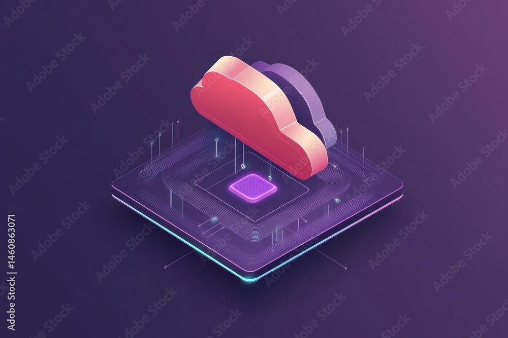 Poster isometric cloud computing platform on purple background; data storage and processing illustration