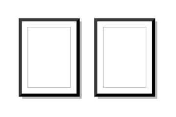 2 Blank rectangle photo frames template in a gallery wall style with black borders. Used as a printable photo collage design or a mock up for album pictures and photographs in a vertical layout.