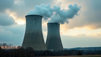 Large industrial coal cooling tower emitting steam against a cloudy sky , industrial, plant, energy production