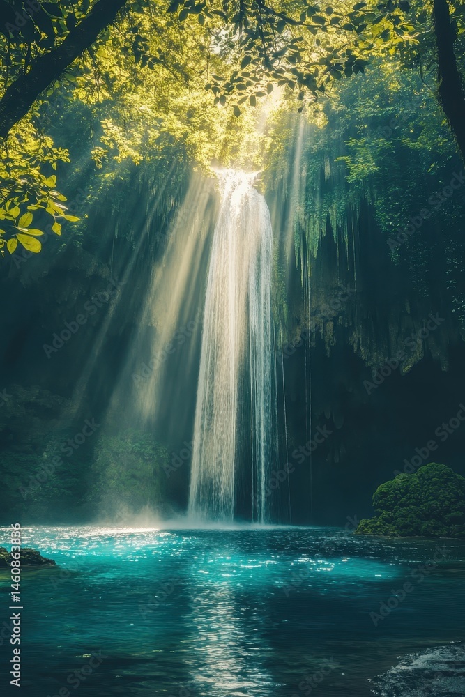 Poster majestic waterfall cascading into turquoise pool with sunlight streaming through trees in forest