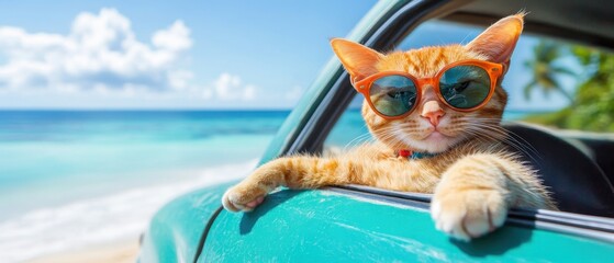 Cool Cat Road Trip in Vintage Car at Tropical Beach Destination Vacation Lifestyle Shot