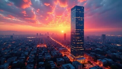 Obraz premium Modern skyscraper office building at sunset, reflecting city lights , building, design, glass facade