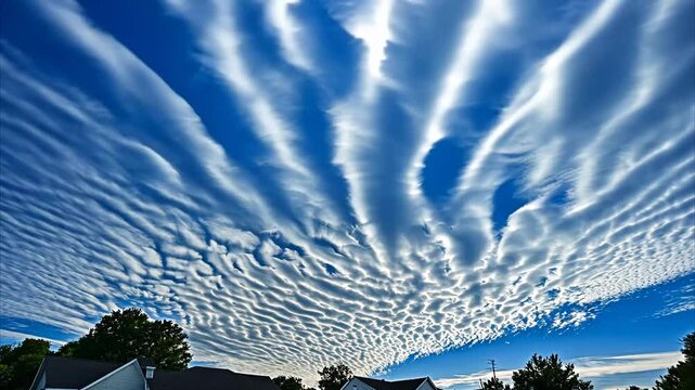 Stunning altocumulus clouds transform the sky during a bright afternoon, Altocumulus clouds moving in the blue sky during bright sunny summer day, timelapse