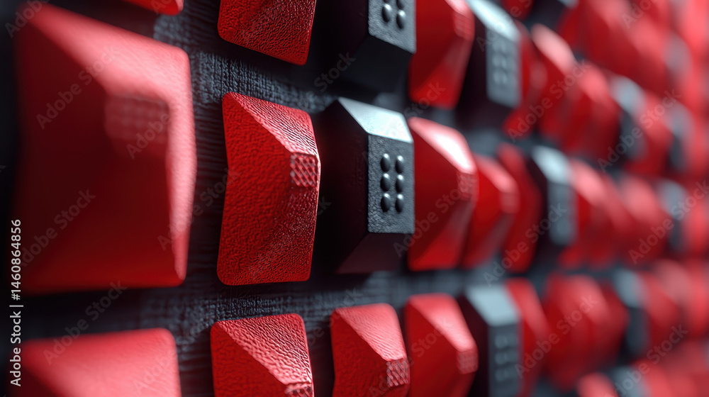 Poster side view of a realistic 4k 3d background with a sound representation of textured red and black elem
