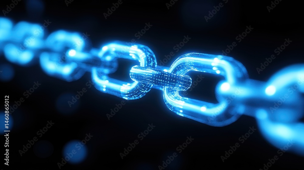 Poster digital chain links close up abstract blue glowing technology concept connection security blockchain