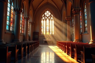 Fototapeta premium Serene church interior, sunlight streaming through stained glass windows , orthodox, hope