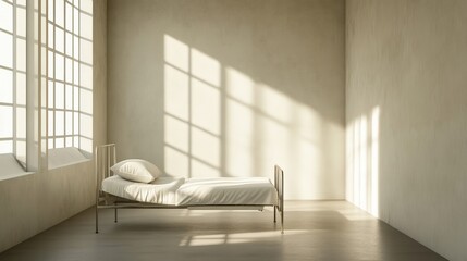 Empty room with single bed and sunlight