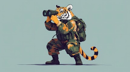 Fototapeta premium stunning tiger character in scout uniform, binoculars around neck, lightweight tactical gear, camouflage elements, ready-to-run stance, soft pastel blue background