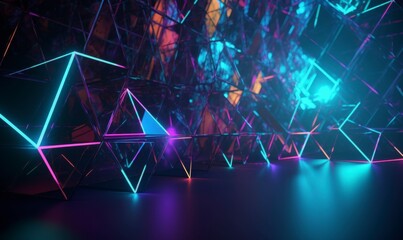 Abstract Neon Geometric Shapes in Dark Background with Glowing Lights