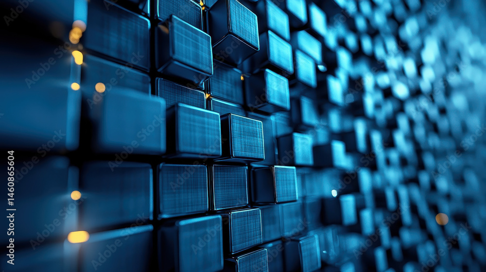 Poster realistic side view 4k 3d background with geometric sound representation using blue cubes and subtle